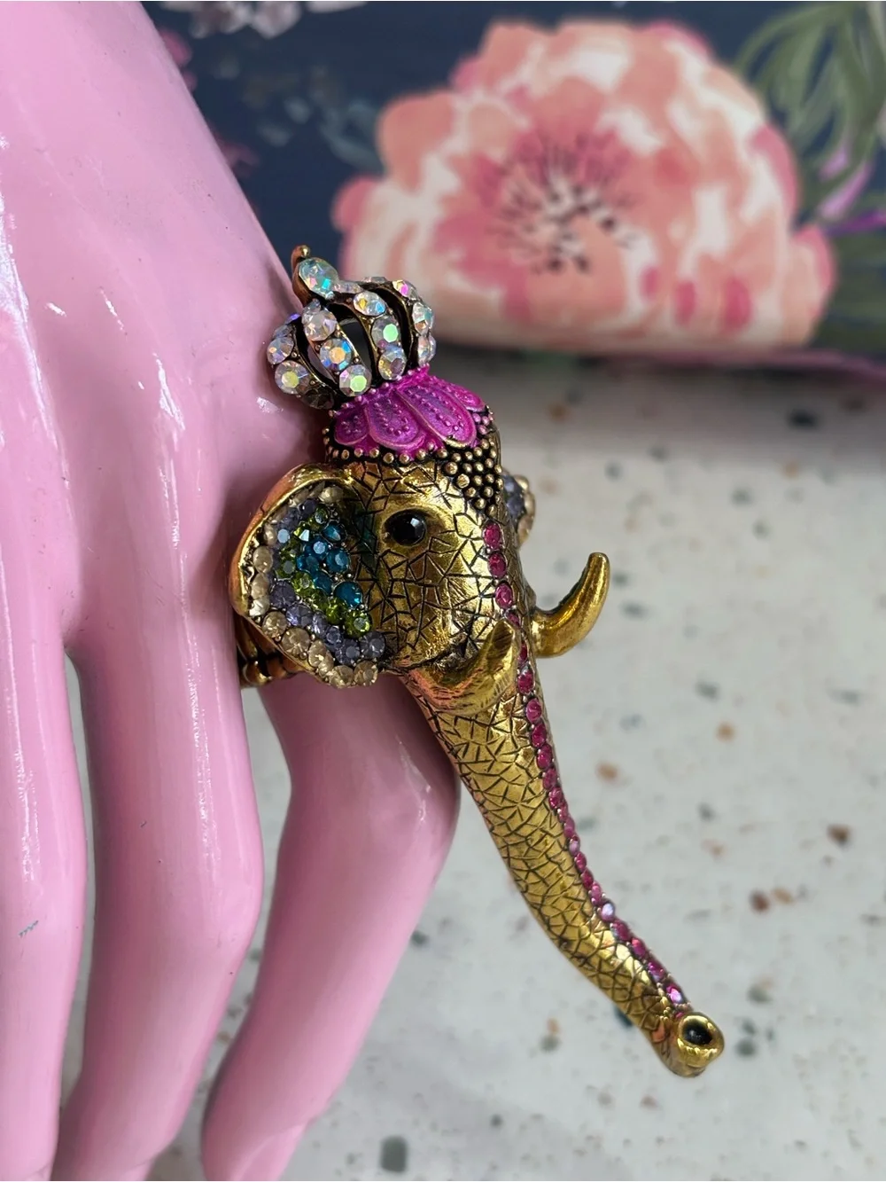 Chunky Large Jeweled Elephant Trunk Ring - Gold with Crystals Costume Jewelry